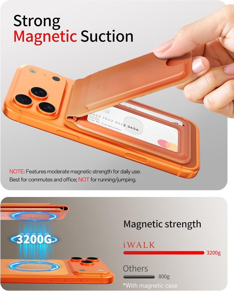 iWalk Stronger Magnetic Wallet, Upgraded for MagSafe Wallet, RFID Blocking, 5 Card Holder with Adjustable Stand, Slim Leather Phone Wallets for iPhone 17/16/15/14/13/12 Series, iPhone Wallets Orange - Image 2